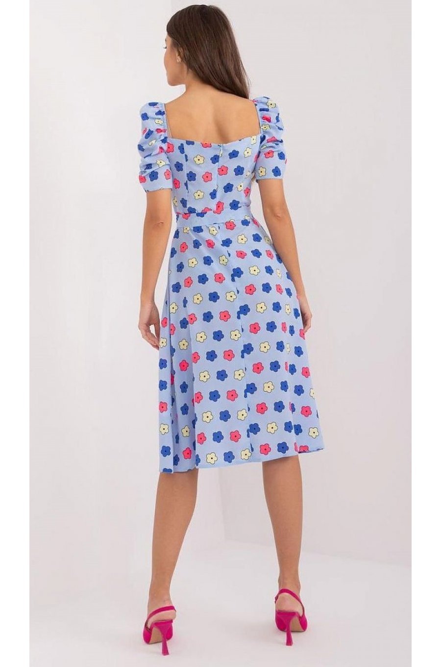 Rochie midi, bleu cu floricele, in clos, cu maneca trei sferturi, Arissa1 2 - jojofashion.ro