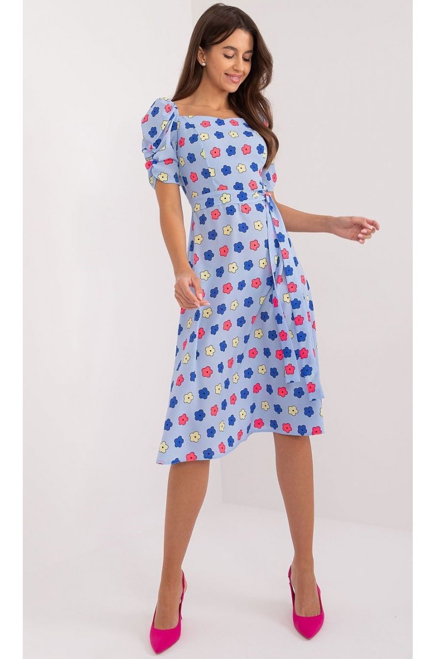 Rochie midi, bleu cu floricele, in clos, cu maneca trei sferturi, Arissa1 3 - jojofashion.ro