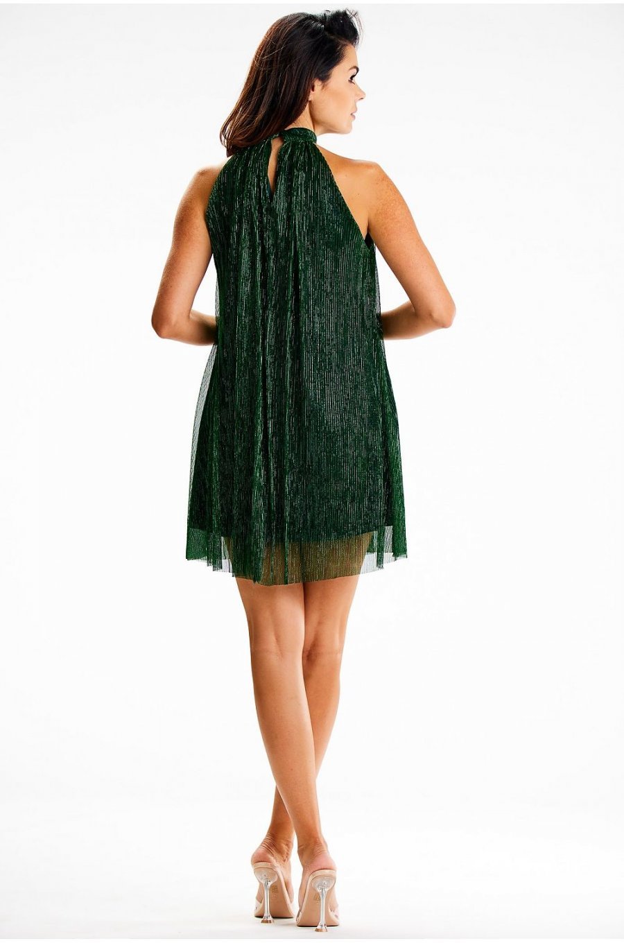 Rochie scurta verde din glitter croi A cu guler halter Harper 2 - jojofashion.ro