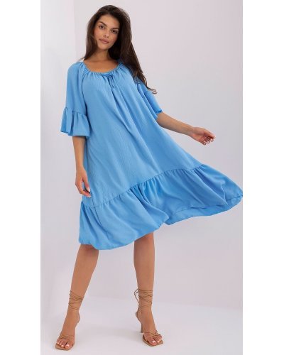 Rochie de vara midi, albastra, oversize, cu volane, vaporoasa, Makadamia Rochii de vara, Rochie de vara midi, albastra, oversize, cu volane, vaporoasa, Makadamia - jojofashion.ro