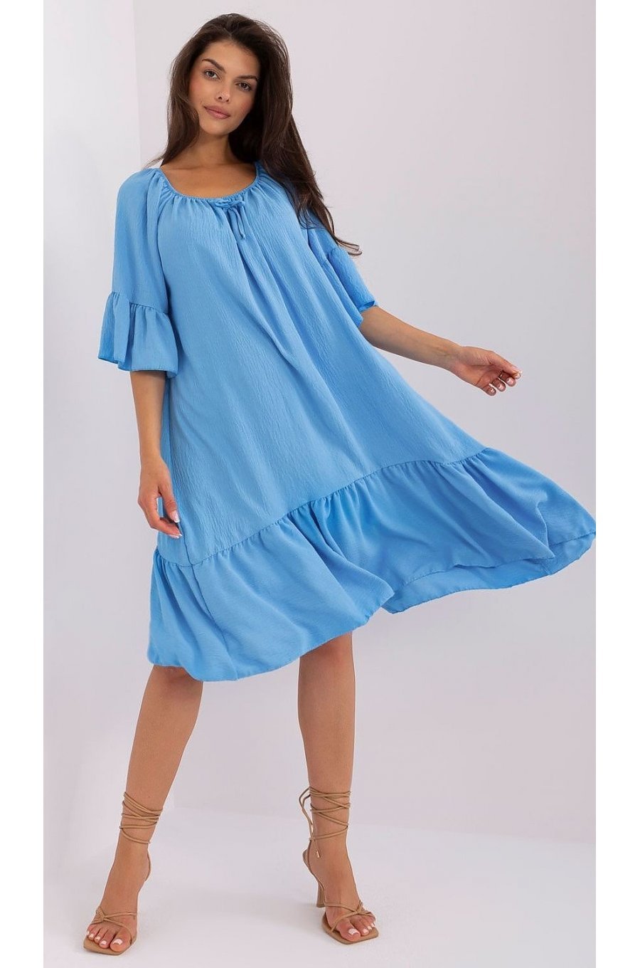 Rochie de vara midi, albastra, oversize, cu volane, vaporoasa, Makadamia 1 - jojofashion.ro