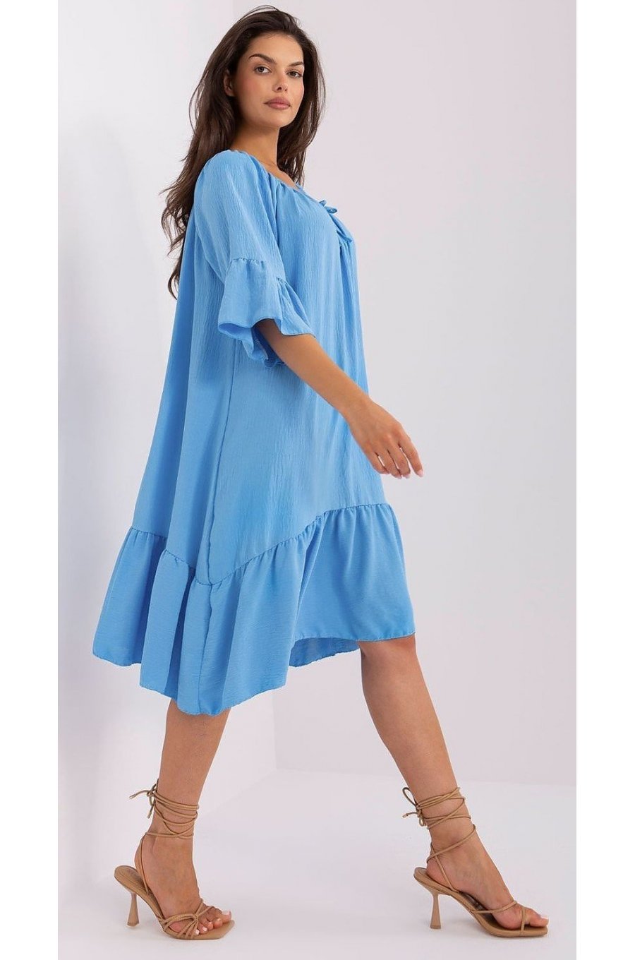 Rochie de vara midi, albastra, oversize, cu volane, vaporoasa, Makadamia 2 - jojofashion.ro