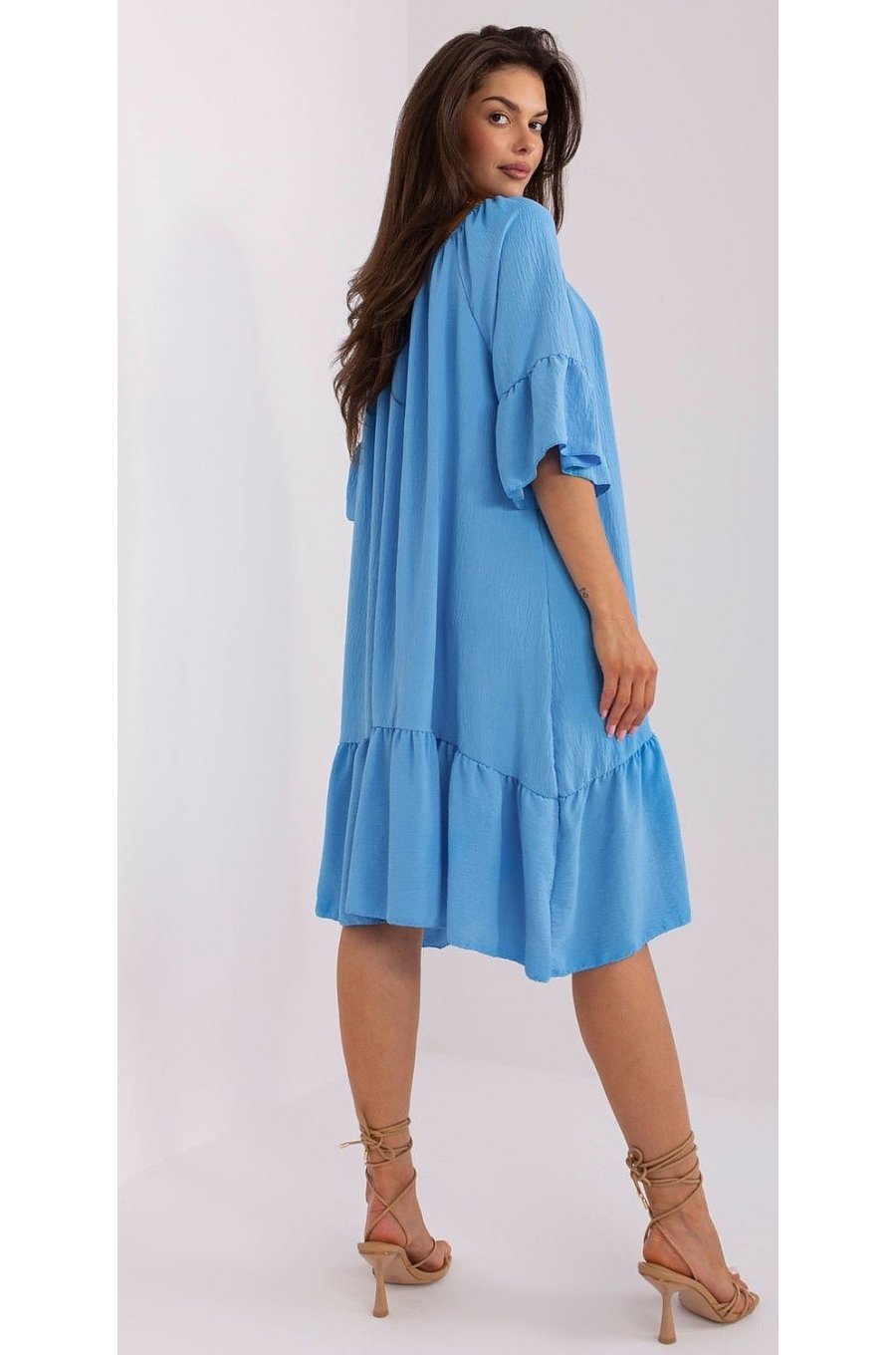 Rochie de vara midi, albastra, oversize, cu volane, vaporoasa, Makadamia 3 - jojofashion.ro
