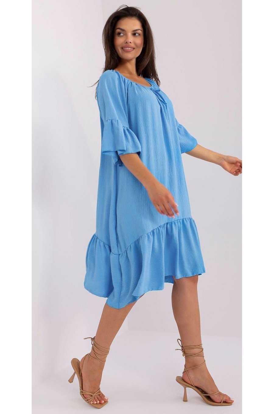 Rochie de vara midi, albastra, oversize, cu volane, vaporoasa, Makadamia 4 - jojofashion.ro