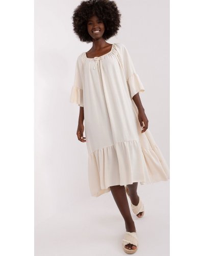 Rochie de vara bej midi oversize cu volane vaporoasa Makadamia Rochii de zi, Rochie de vara bej midi oversize cu volane vaporoasa Makadamia - jojofashion.ro