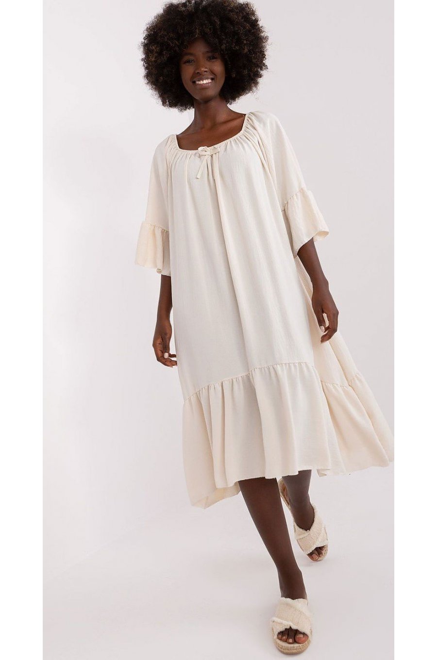 Rochie de vara bej midi oversize cu volane vaporoasa Makadamia 1 - jojofashion.ro