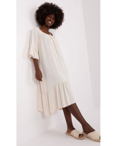 Rochie de vara bej midi oversize cu volane vaporoasa Makadamia Rochii de zi, Rochie de vara bej midi oversize cu volane vaporoasa Makadamia - jojofashion.ro