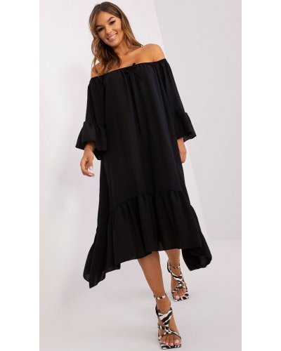 Rochie neagra vaporoasa midi cu volane oversize Makadamia Rochii de vara, Rochie neagra vaporoasa midi cu volane oversize Makadamia - jojofashion.ro