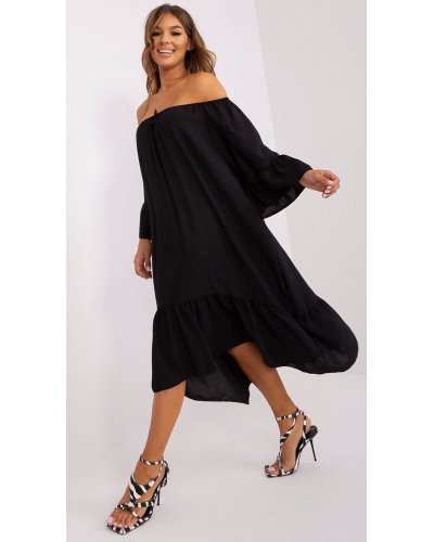 Rochie neagra vaporoasa midi cu volane oversize Makadamia Rochii de vara, Rochie neagra vaporoasa midi cu volane oversize Makadamia - jojofashion.ro
