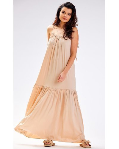 Rochie de vara lunga bej vaporoasa din vascoza Triny Rochii lungi, Rochie de vara lunga bej vaporoasa din vascoza Triny - jojofashion.ro