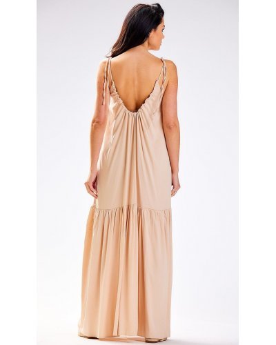Rochie de vara lunga bej vaporoasa din vascoza Triny Rochii lungi, Rochie de vara lunga bej vaporoasa din vascoza Triny - jojofashion.ro