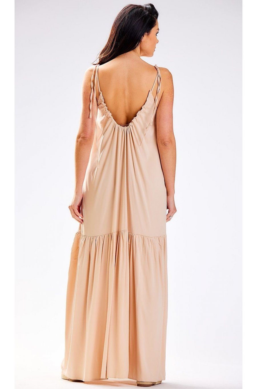 Rochie de vara lunga bej vaporoasa din vascoza Triny 2 - jojofashion.ro