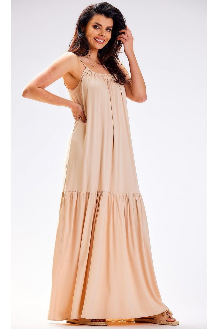Rochie de vara lunga bej vaporoasa din vascoza Triny 3 - jojofashion.ro