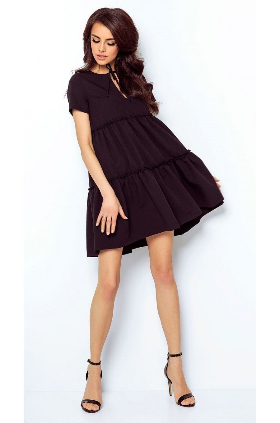 Rochie neagra scurta din vascoza cu volane vaporoasa Anuva 1 - jojofashion.ro