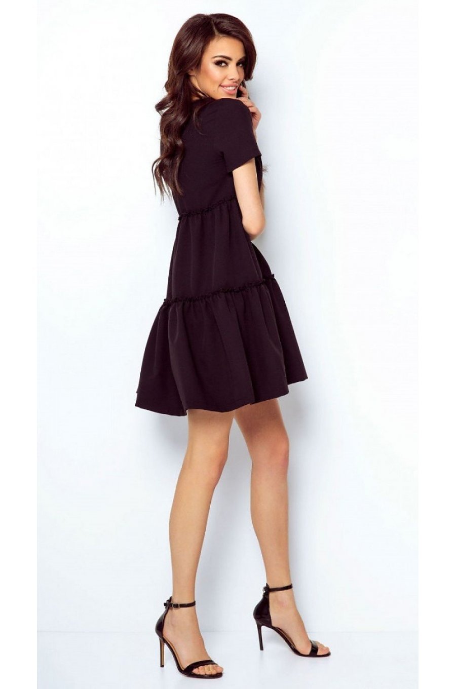 Rochie neagra scurta din vascoza cu volane vaporoasa Anuva 2 - jojofashion.ro