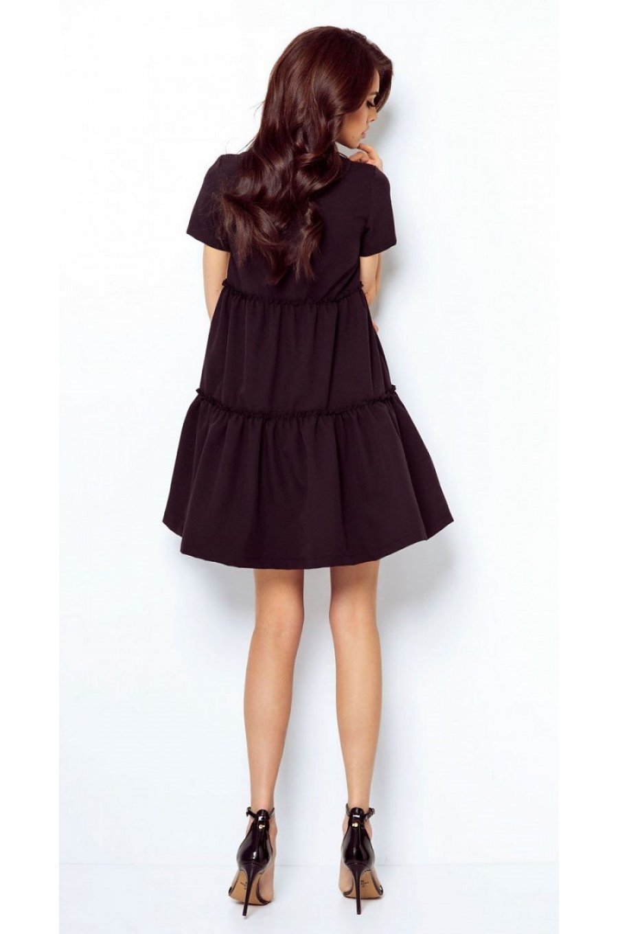 Rochie neagra scurta din vascoza cu volane vaporoasa Anuva 3 - jojofashion.ro