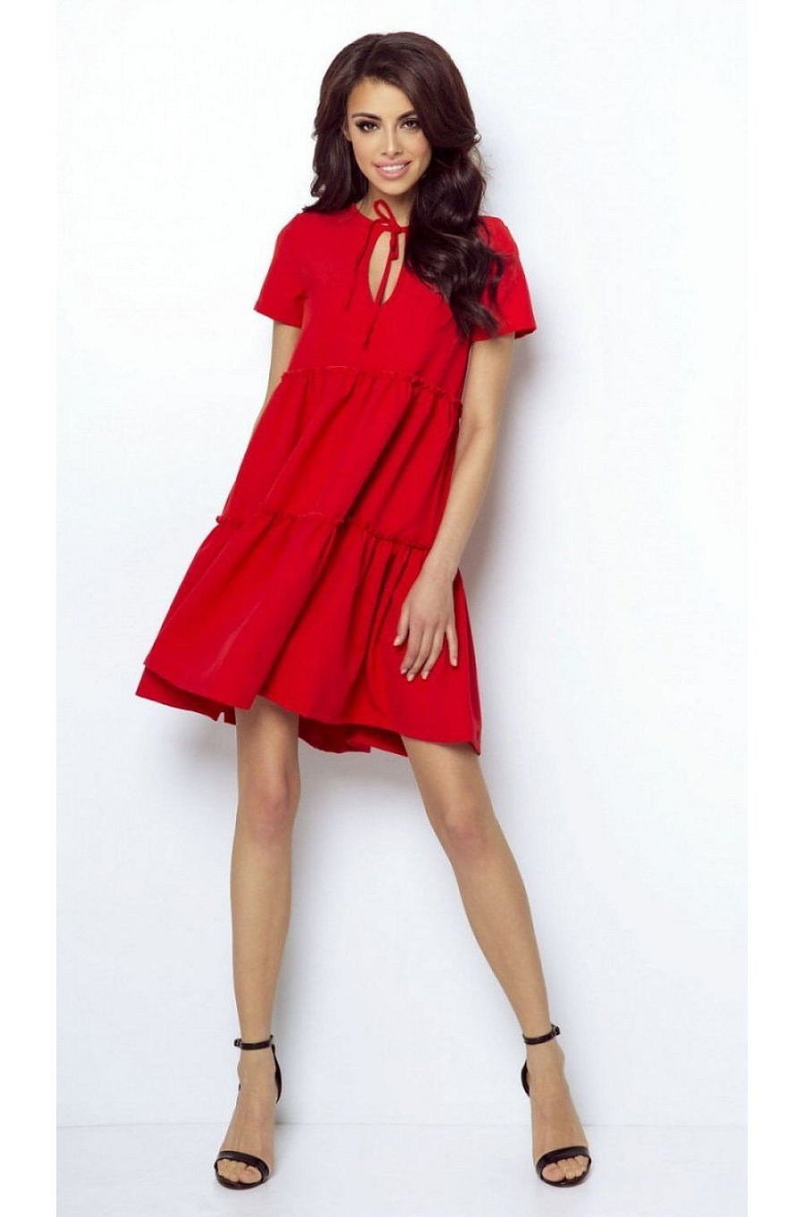 Rochie scurta rosie din vascoza cu volane vaporoasa Anuva 1 - jojofashion.ro