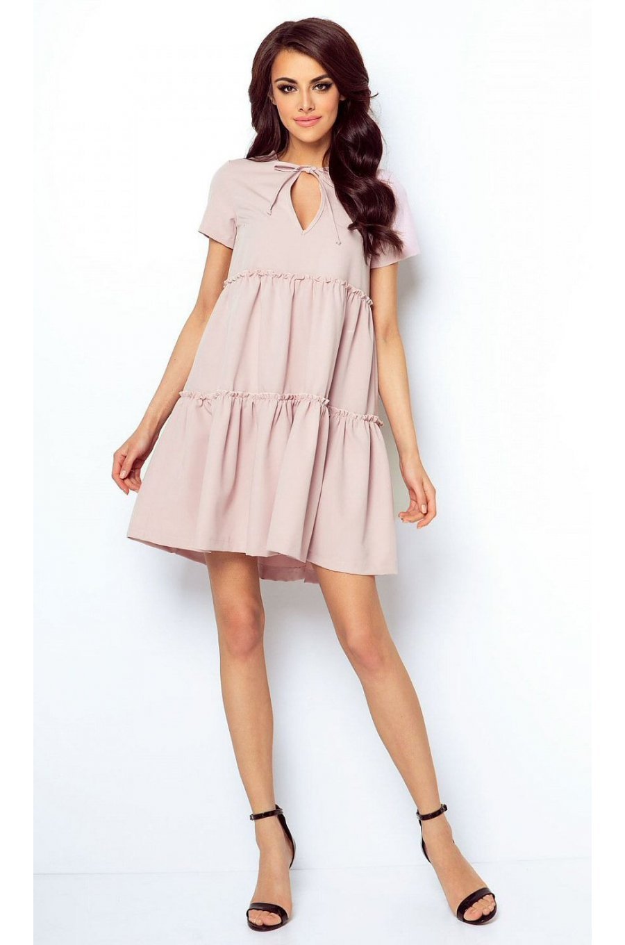 Rochie de vara roz pudrat vaporoasa cu volane din vascoza Anuva 1 - jojofashion.ro