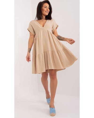 Rochie de vara scurta, din bumbac, bej, croi A, cu volan lat, Nedia Rochii de vara, Rochie de vara scurta, din bumbac, bej, croi A, cu volan lat, Nedia - jojofashion.ro
