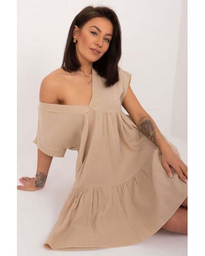 Rochie de vara scurta, din bumbac, bej, croi A, cu volan lat, Nedia Rochii de vara, Rochie de vara scurta, din bumbac, bej, croi A, cu volan lat, Nedia - jojofashion.ro