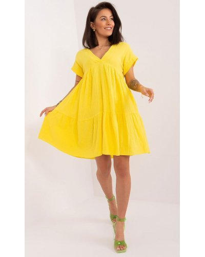 Rochie de vara scurta, din bumbac, galbena, croi A, cu volan lat, Nedia Rochii de vara, Rochie de vara scurta, din bumbac, galbena, croi A, cu volan lat, Nedia - jojofashion.ro