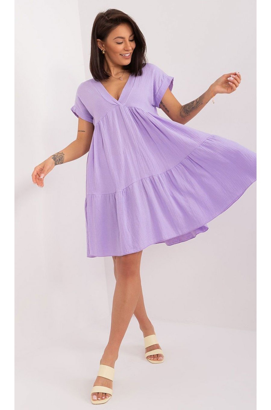Rochie de vara scurta, din bumbac, lila, croi A, cu volan lat, Nedia 1 - jojofashion.ro