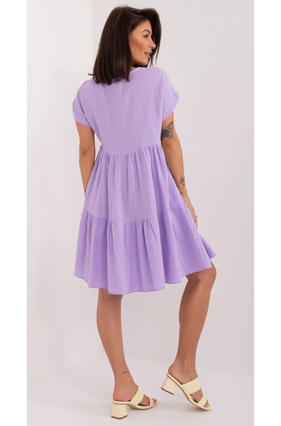 Rochie de vara scurta, din bumbac, lila, croi A, cu volan lat, Nedia 3 - jojofashion.ro