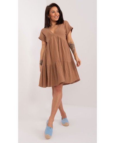 Rochie de vara scurta, din bumbac, maro, croi A, cu volan lat, Nedia Rochii de vara, Rochie de vara scurta, din bumbac, maro, croi A, cu volan lat, Nedia - jojofashion.ro