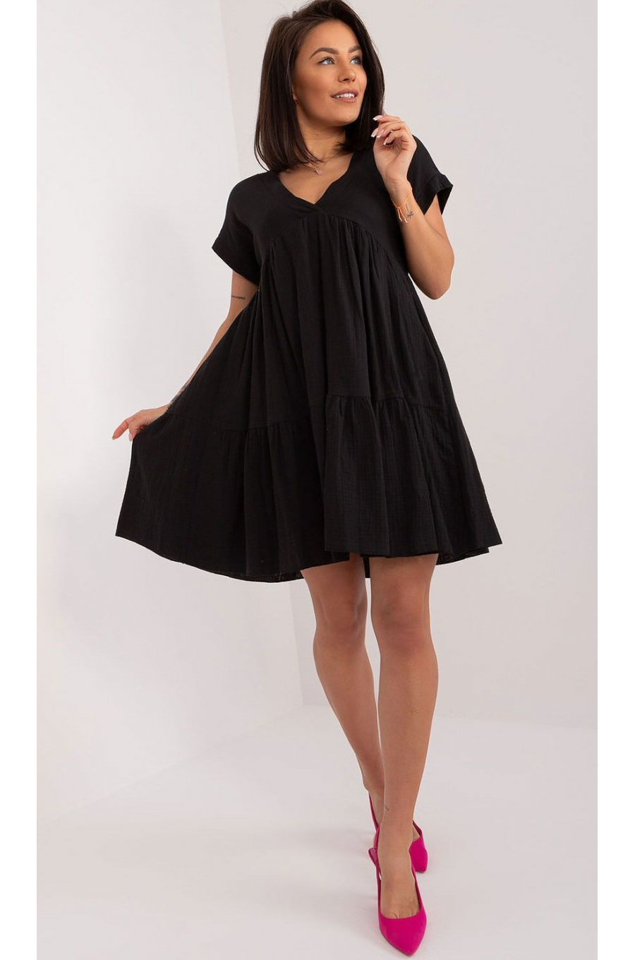 Rochie de vara scurta, din bumbac, neagra, croi A, cu volan lat, Nedia 1 - jojofashion.ro