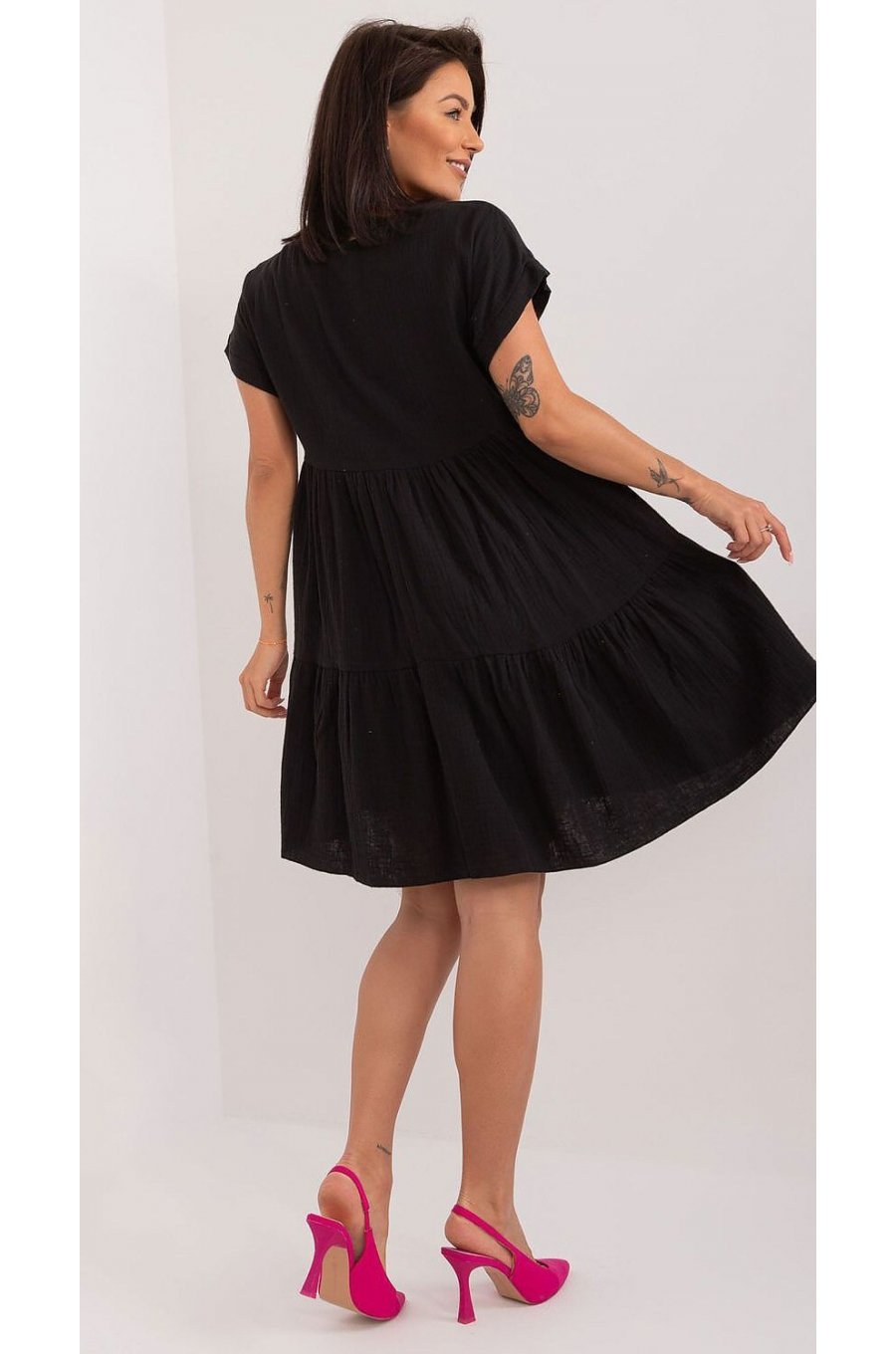 Rochie de vara scurta, din bumbac, neagra, croi A, cu volan lat, Nedia 2 - jojofashion.ro