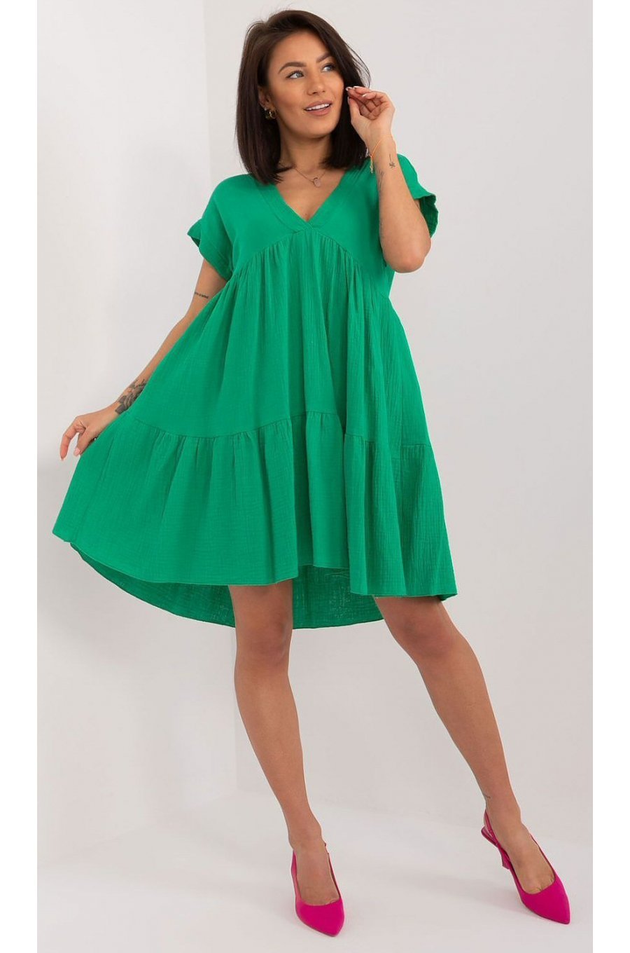 Rochie de vara scurta, din bumbac, verde, croi A, cu volan lat, Nedia 1 - jojofashion.ro