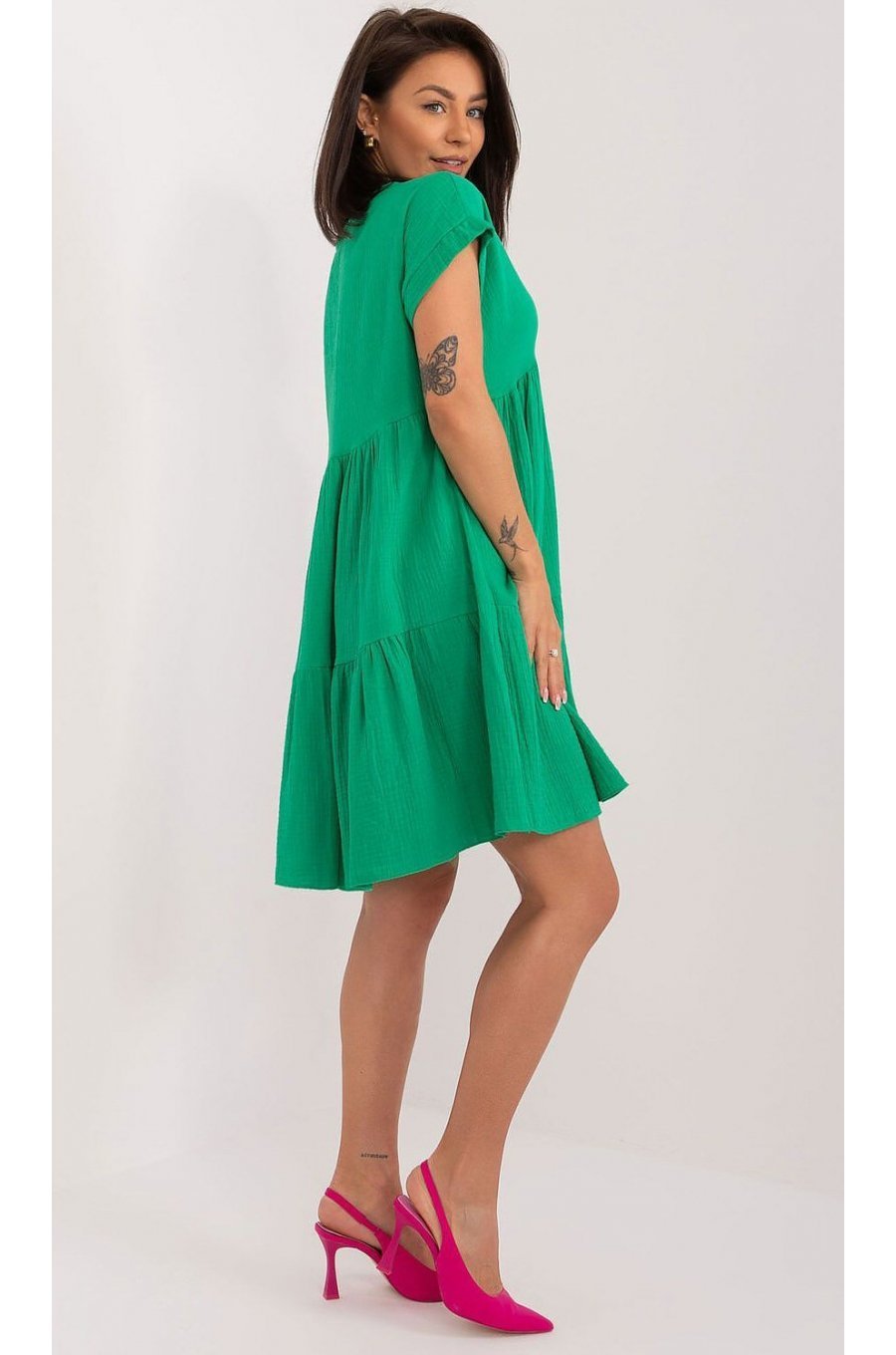 Rochie de vara scurta, din bumbac, verde, croi A, cu volan lat, Nedia 2 - jojofashion.ro