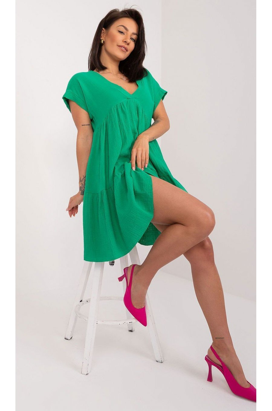 Rochie de vara scurta, din bumbac, verde, croi A, cu volan lat, Nedia 3 - jojofashion.ro