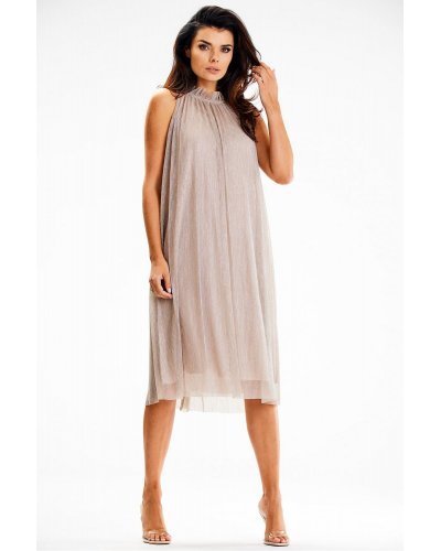 Rochie midi cu glitter bej cu guler halter Taylor Rochii de nasa, Rochie midi cu glitter bej cu guler halter Taylor - jojofashion.ro