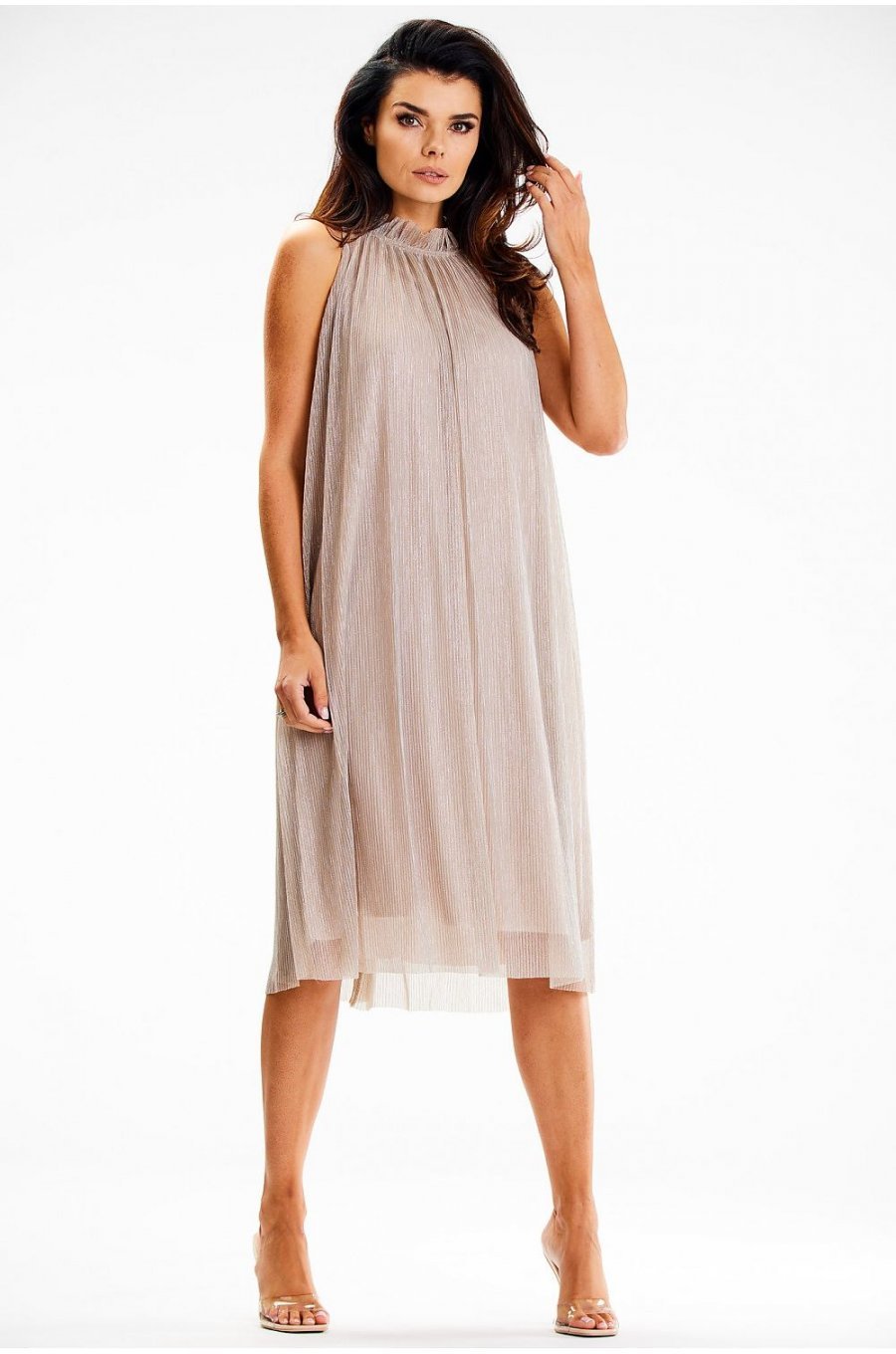 Rochie midi cu glitter bej cu guler halter Taylor 1 - jojofashion.ro