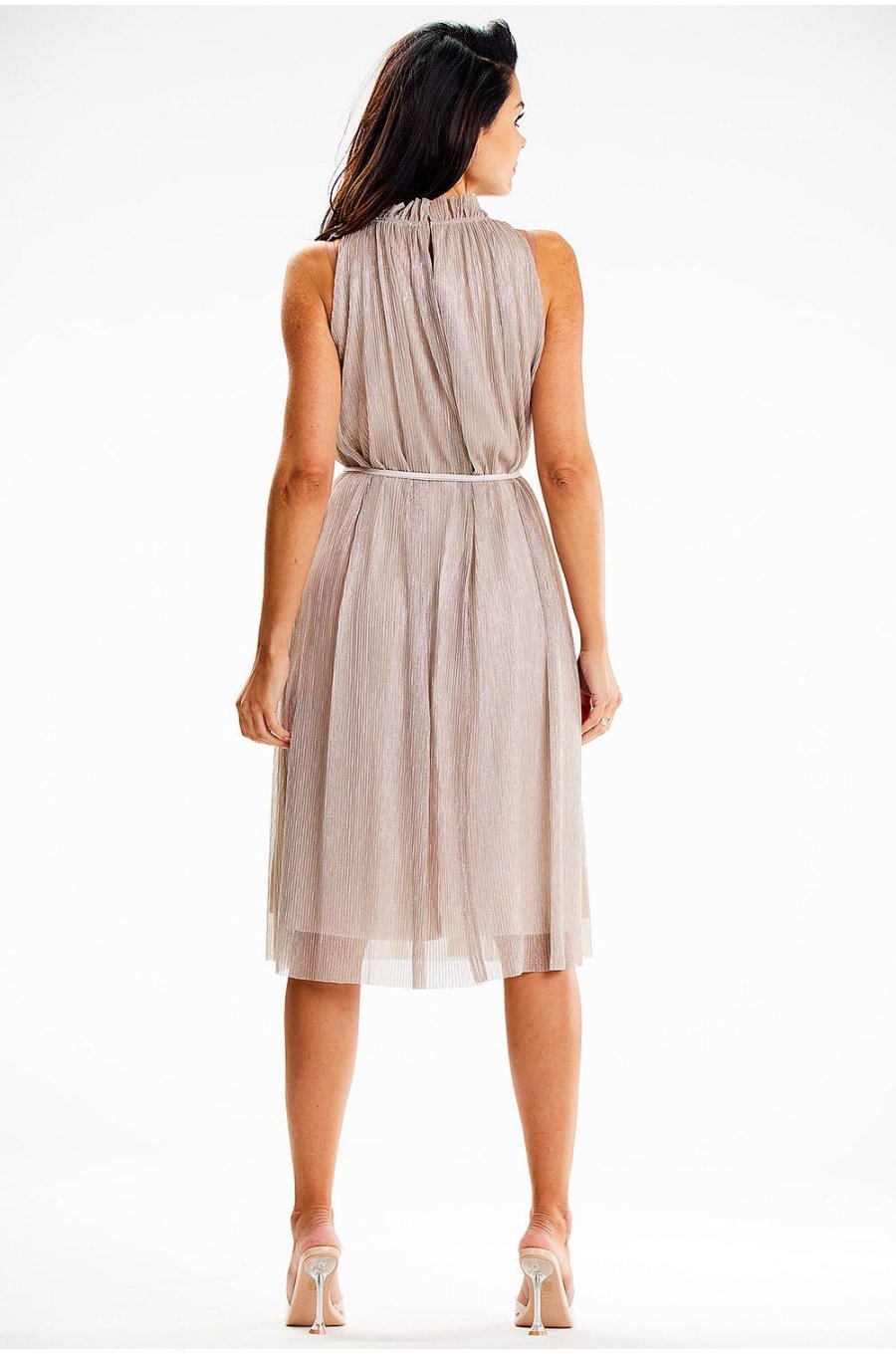Rochie midi cu glitter bej cu guler halter Taylor 2 - jojofashion.ro