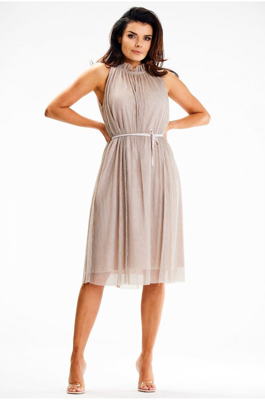 Rochie midi cu glitter bej cu guler halter Taylor 3 - jojofashion.ro