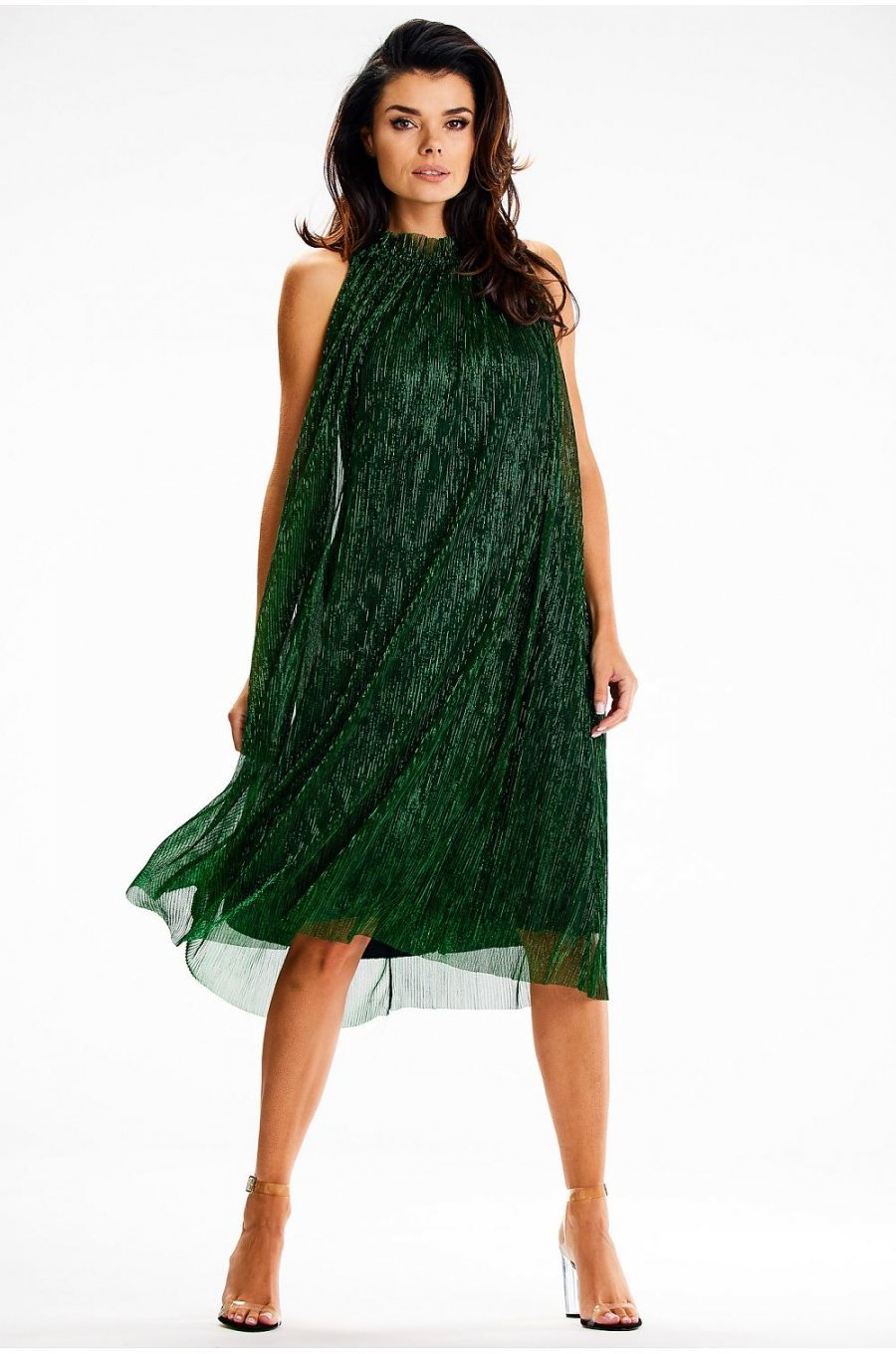 Rochie eleganta midi, cu glitter, verde, evazata, cu guler halter, Taylor 1 - jojofashion.ro