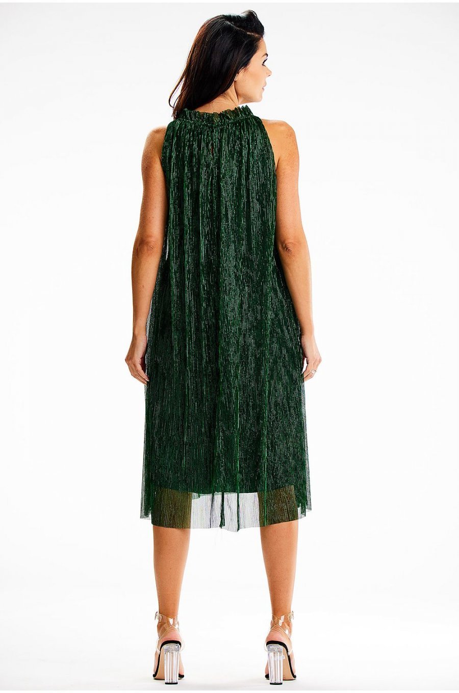 Rochie eleganta midi, cu glitter, verde, evazata, cu guler halter, Taylor 2 - jojofashion.ro