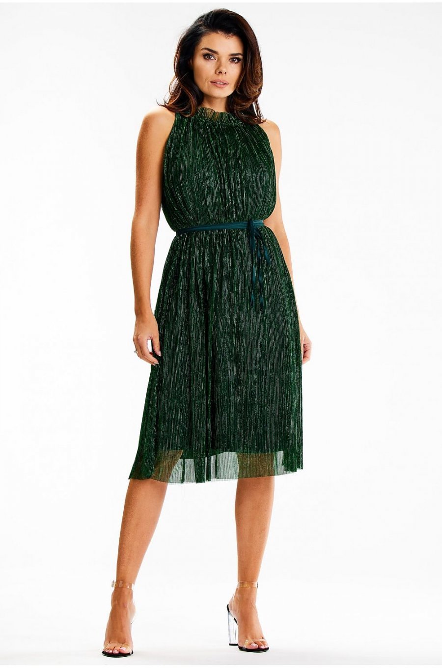 Rochie eleganta midi, cu glitter, verde, evazata, cu guler halter, Taylor 3 - jojofashion.ro