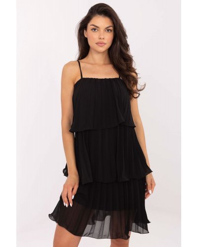 Rochie eleganta midi neagra plisata cu volane in straturi Saima Rochii de Ocazie Elegante, Rochie eleganta midi neagra plisata cu volane in straturi Saima - jojofashion.ro