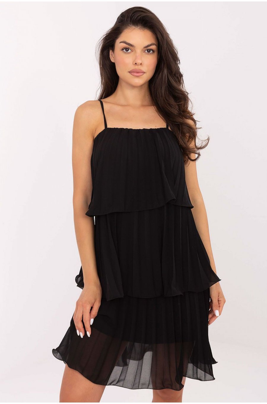 Rochie eleganta midi neagra plisata cu volane in straturi Saima 1 - jojofashion.ro