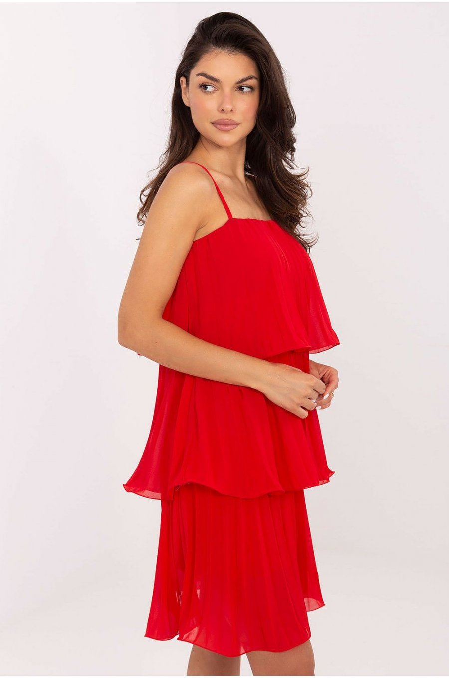 Rochie eleganta midi rosie plisata cu volane in straturi Saima1 3 - jojofashion.ro