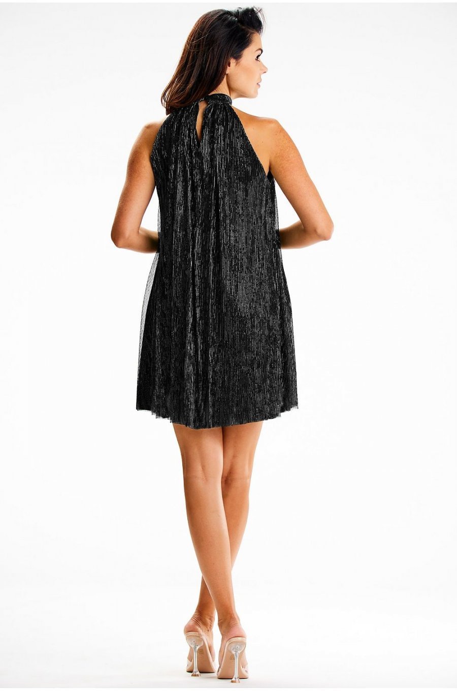 Rochie scurta neagra cu glitter cu guler halter Harper 2 - jojofashion.ro
