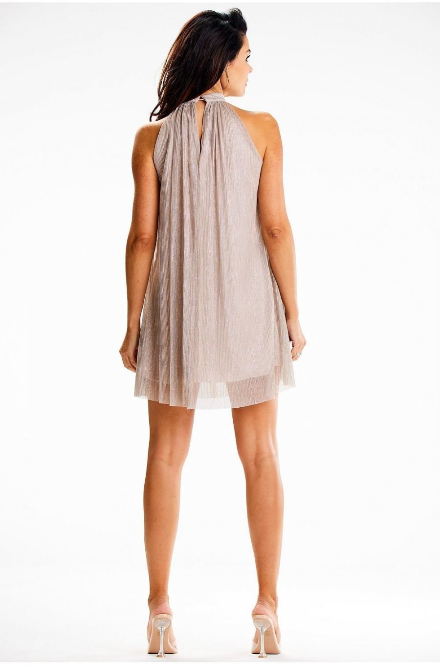 Rochie scurta din glitter bej cu guler halter Harper 2 - jojofashion.ro
