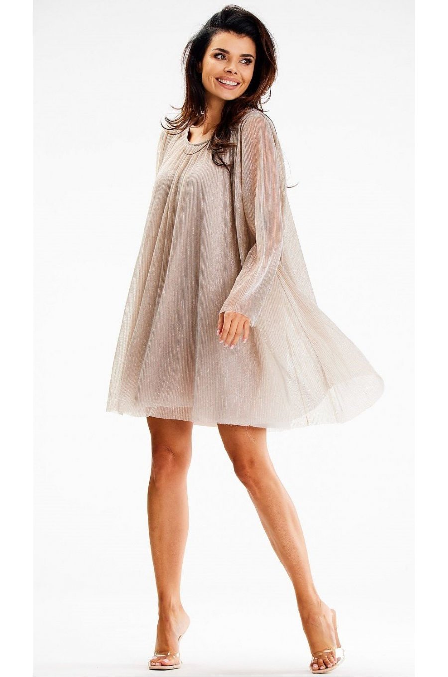 Rochie scurta din glitter bej cu maneca lunga Kyelle2 Rochie scurta din glitter bej cu maneca lunga Kyelle2 2 - jojofashion.ro