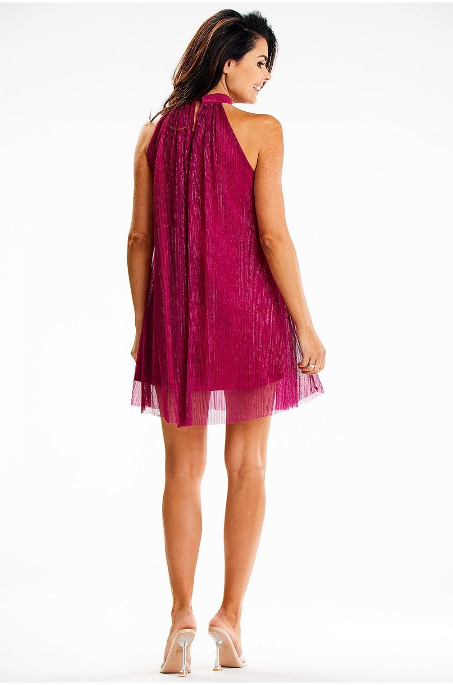 Rochie scurta din glitter roz fucsia cu guler halter Harper 2 - jojofashion.ro