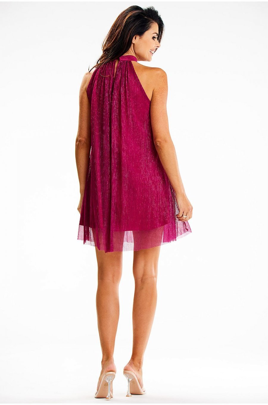 Rochie eleganta scurta, glitter fucsia, croi A, cu guler halter, Harper 2 - jojofashion.ro