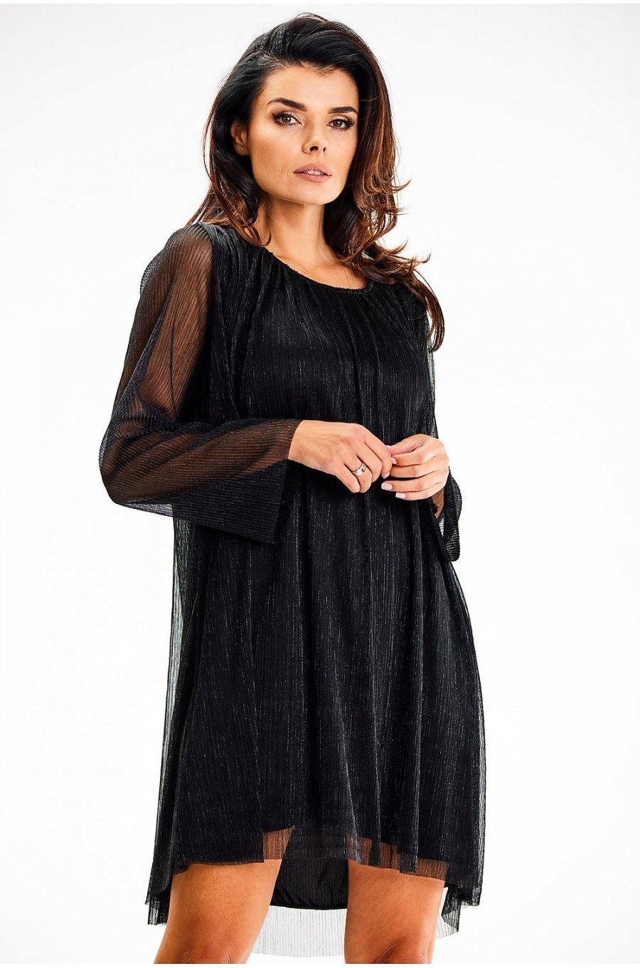 Rochie scurta neagra din glitter cu maneca lunga Kyelle1 1 - jojofashion.ro