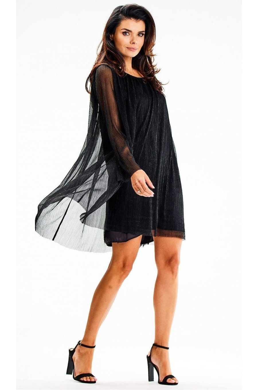 Rochie scurta neagra din glitter cu maneca lunga Kyelle1 2 - jojofashion.ro